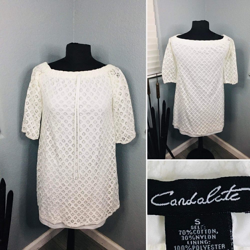 Candalite Women's Size S White Crochet 3/4 Sleeve Mini Dress